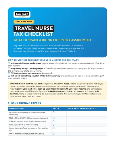 Cover of the Free Travel Nurse Tax Checklist